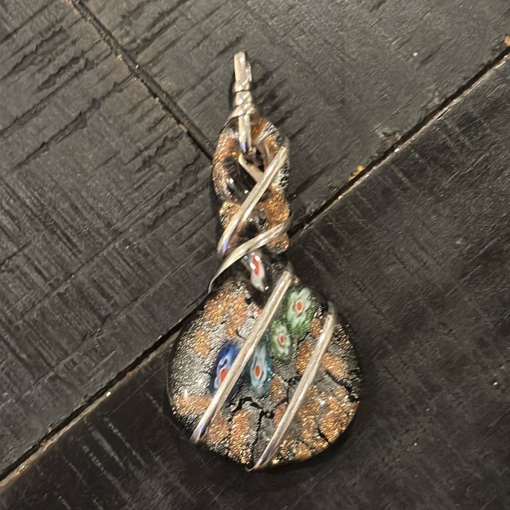 Wire Wrap Glass Millefiori Silver Tone Sparkle Pendant